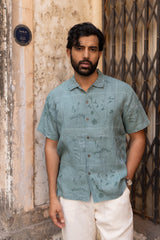 Blue Botanical Print Linen Half-Sleeve Shirt