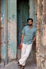 Blue Botanical Print Linen Half-Sleeve Shirt