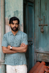 Blue Botanical Print Linen Half-Sleeve Shirt