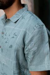 Blue Botanical Print Linen Half-Sleeve Shirt