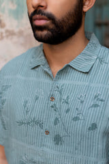 Blue Botanical Print Linen Half-Sleeve Shirt