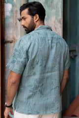 Blue Botanical Print Linen Half-Sleeve Shirt