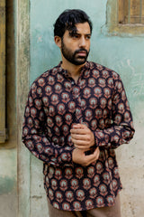Black Cotton Ajrakh Print Short Kurti