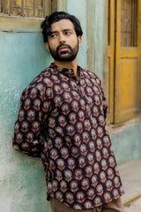 Black Cotton Ajrakh Print Short Kurti