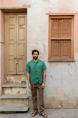 Green Botanical Floral Printed Linen Half-Sleeve Shirt