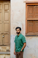 Green Botanical Floral Printed Linen Half-Sleeve Shirt