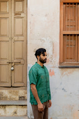 Green Botanical Floral Printed Linen Half-Sleeve Shirt