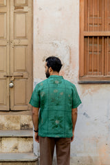 Green Botanical Floral Printed Linen Half-Sleeve Shirt