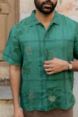 Green Botanical Floral Printed Linen Half-Sleeve Shirt