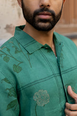 Green Botanical Floral Printed Linen Half-Sleeve Shirt