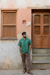 Green Linen Hand Block Printed Shirt