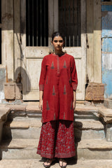Maroon Ajrakh Hand Block Printed Cotton Kurta and Pants Co-ord Set