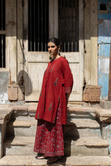 Maroon Ajrakh Hand Block Printed Cotton Kurta and Pants Co-ord Set
