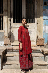 Maroon Ajrakh Hand Block Printed Cotton Kurta and Pants Co-ord Set