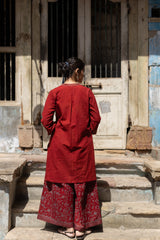 Maroon Ajrakh Hand Block Printed Cotton Kurta and Pants Co-ord Set