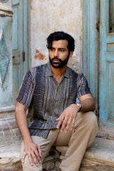 Monochrome Striped Modal Ajrakh Hand Block Printed Shirt