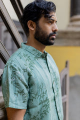 Green Linen Hand Block Printed Shirt