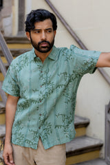 Green Linen Hand Block Printed Shirt