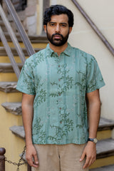Green Linen Hand Block Printed Shirt