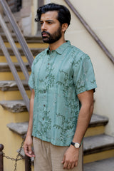 Green Linen Hand Block Printed Shirt