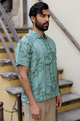 Green Linen Hand Block Printed Shirt