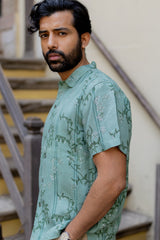 Green Linen Hand Block Printed Shirt