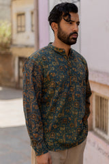 Blue Cotton Ajrakh Hand Block Printed Kurti