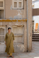 Yellow Cotton Ajrakh Hand Block Printed Kurta