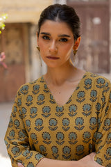 Yellow Cotton Ajrakh Hand Block Printed Kurta