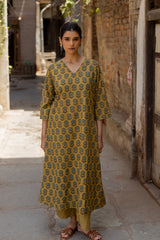 Yellow Cotton Ajrakh Hand Block Printed Kurta