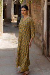 Yellow Cotton Ajrakh Hand Block Printed Kurta