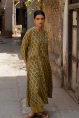 Yellow Cotton Ajrakh Hand Block Printed Kurta