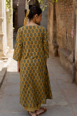 Yellow Cotton Ajrakh Hand Block Printed Kurta
