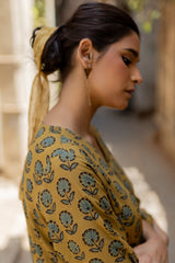 Yellow Cotton Ajrakh Hand Block Printed Kurta