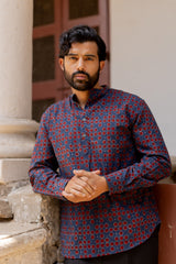 Blue Cotton Ajrakh Hand Block Printed Short Kurti
