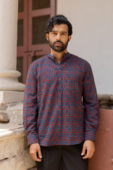 Blue Cotton Ajrakh Hand Block Printed Short Kurti