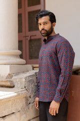 Blue Cotton Ajrakh Hand Block Printed Short Kurti