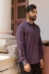 Blue Cotton Ajrakh Hand Block Printed Short Kurti