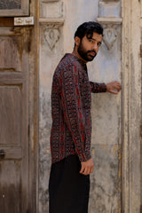 Black Cotton Ajrakh Print Short Kurti