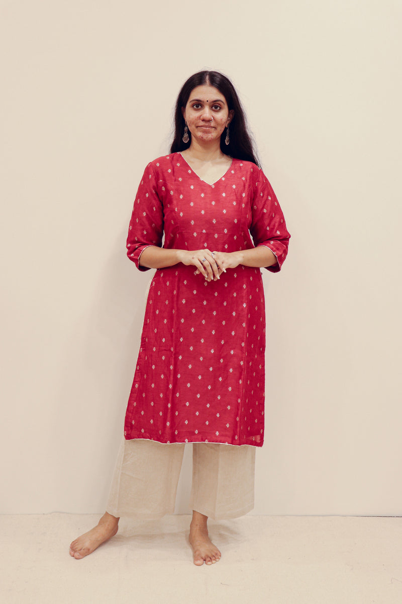 Silk Hand Work Kurta - Red