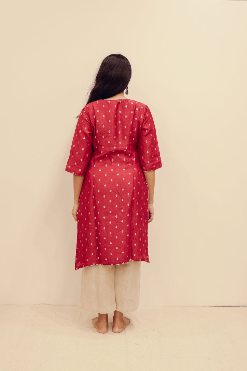 Silk Hand Work Kurta - Red