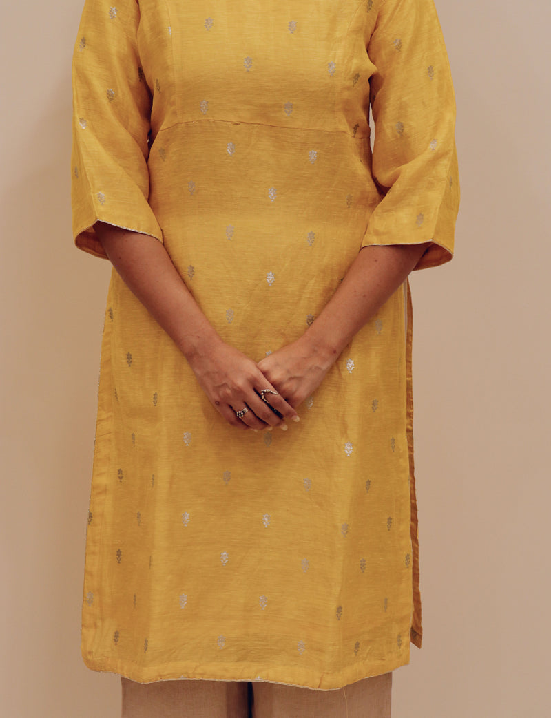 Silk Hand Work Kurta - Yellow