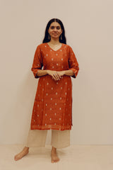 Silk Hand Work Kurta - Orange