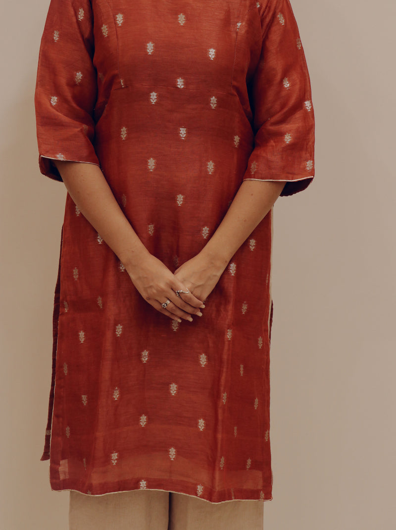 Silk Hand Work Kurta - Orange