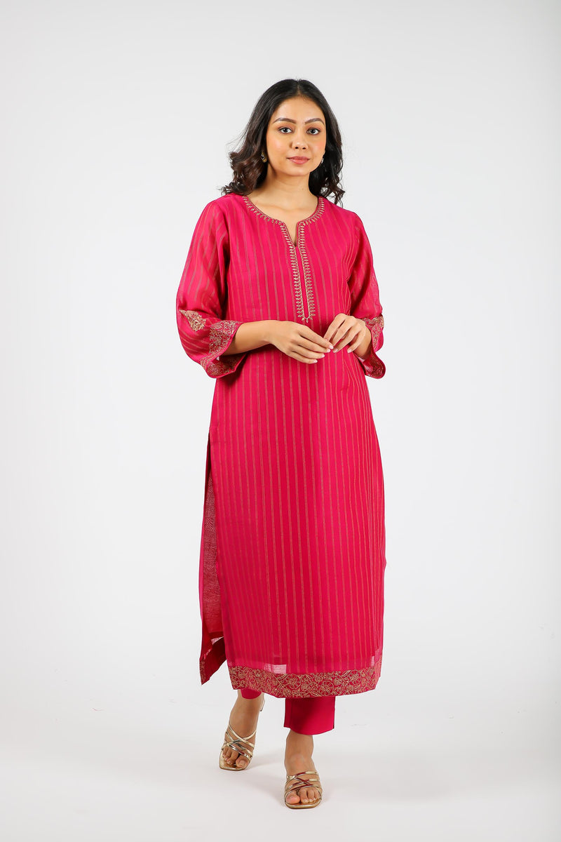 Chanderi Round Neck Straight Kurta With Machine Embroidery - Rani Pink