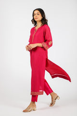 Chanderi Round Neck Straight Kurta With Machine Embroidery - Rani Pink