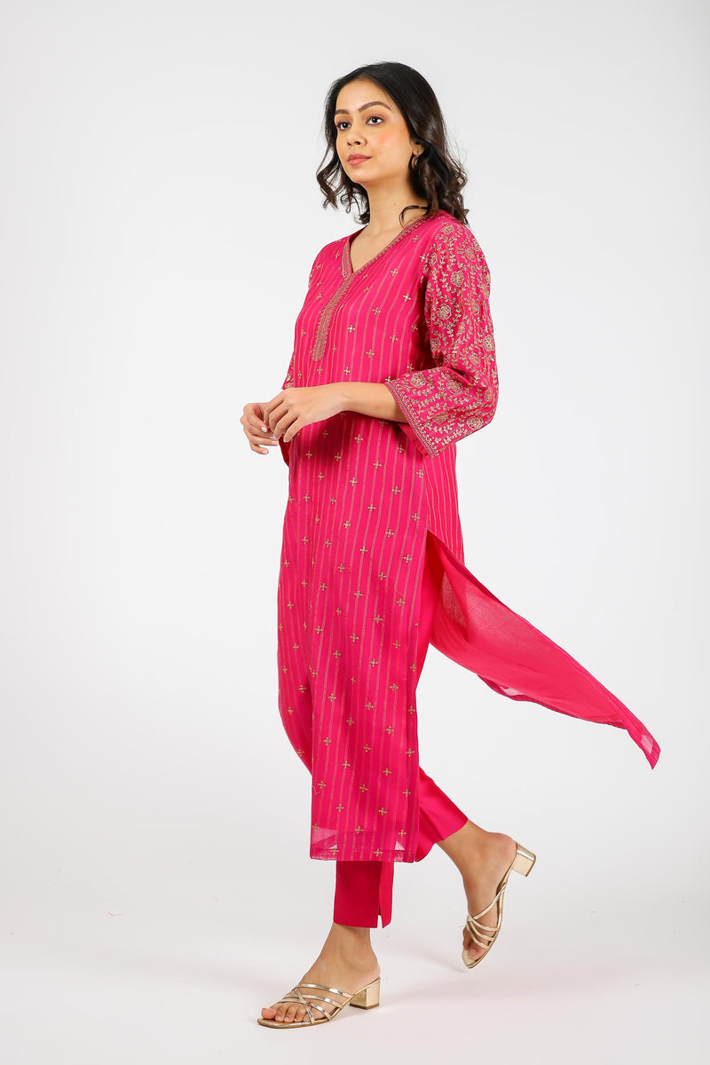 Chanderi V Neck Straight Kurta With Machine Embroidery - Rani Pink