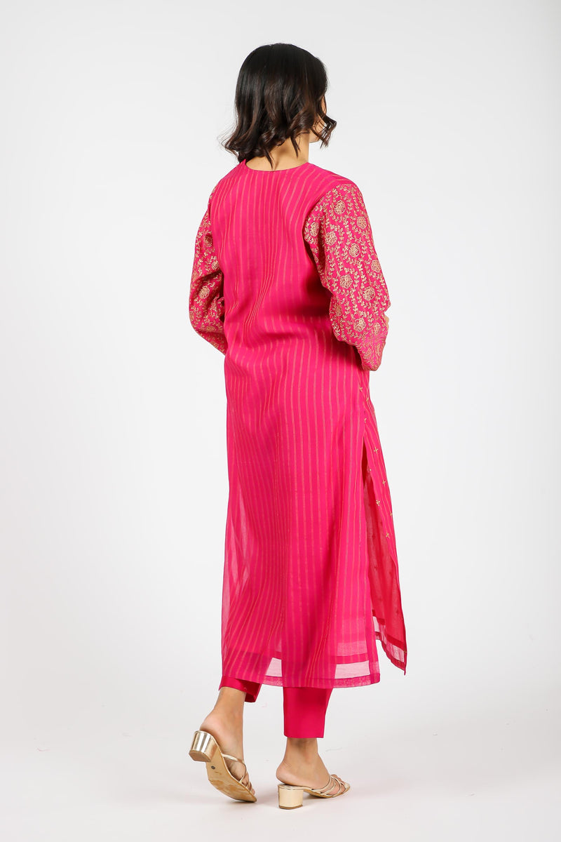 Chanderi V Neck Straight Kurta With Machine Embroidery - Rani Pink