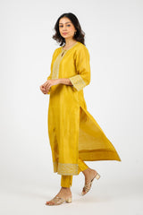 Chanderi Round Neck Straight Kurta - Yellow