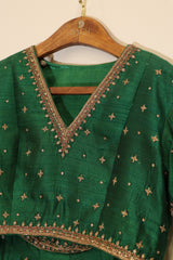 Raw Silk Hand Embroidered Lehenga - Green